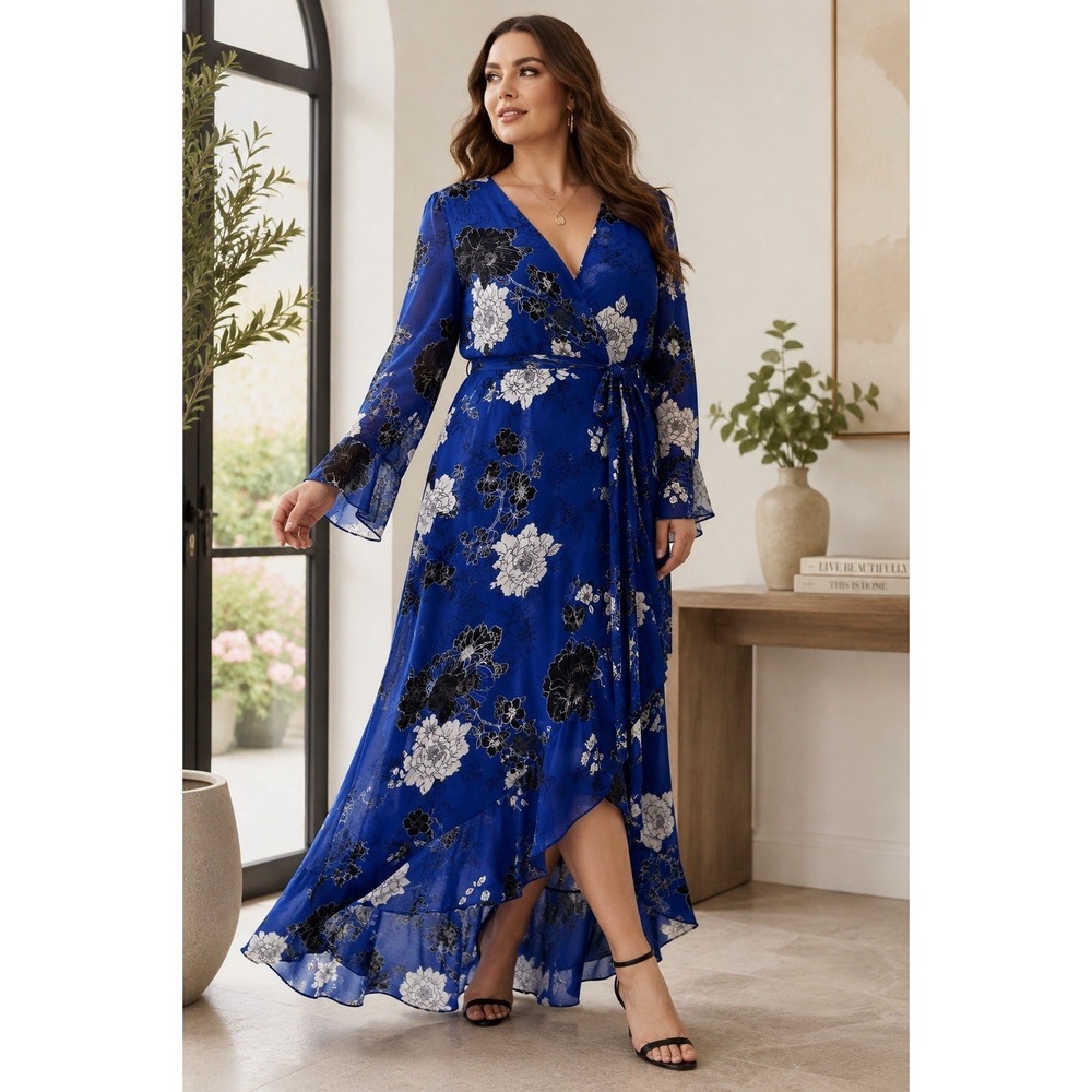 City Chic Floral Wrap Maxi Dress Blue Long Sleeve Tie Waist Plus Size M/18 NWT